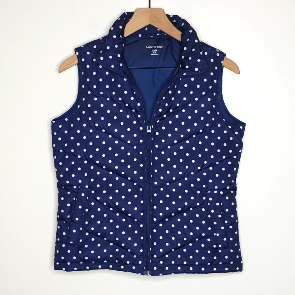 Lands End Vest XS Navy Blue Polka Dot Down Puffer